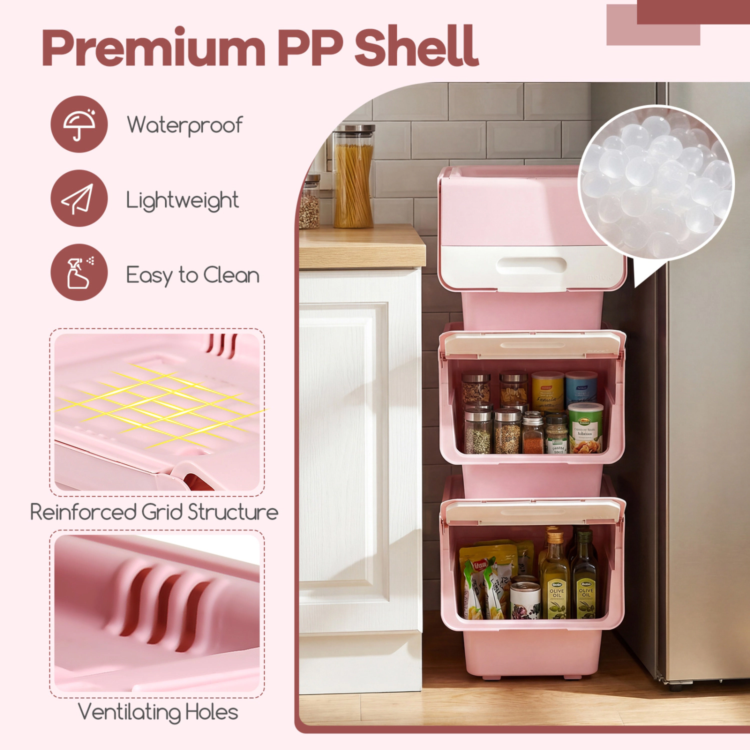 SUGIFT 3-Pack Pink 12.5-qt Stackable Storage Bins with Lids Wheels and Front Opening for Closet Organizer