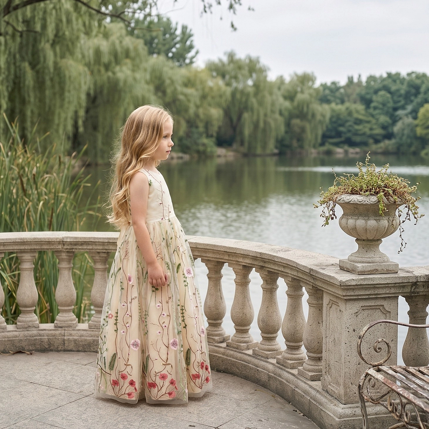 2Bunnies Girls' 2T-10Y Garden Wildflower Floral Embroidered Tulle Satin Girl Dress