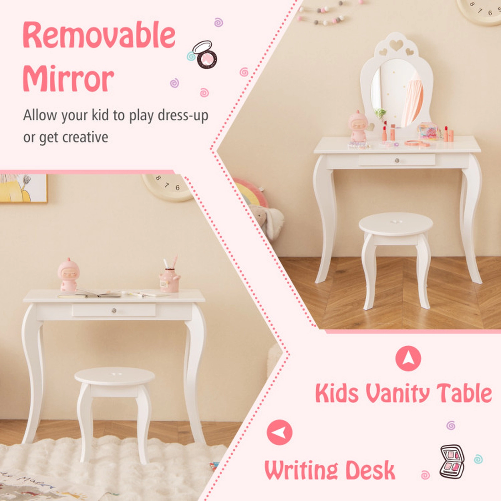 SUGIFT Kids Princess Makeup Dressing Vanity Table and Stool Set with Mirror 66-lb Stool Capacity Pink/White