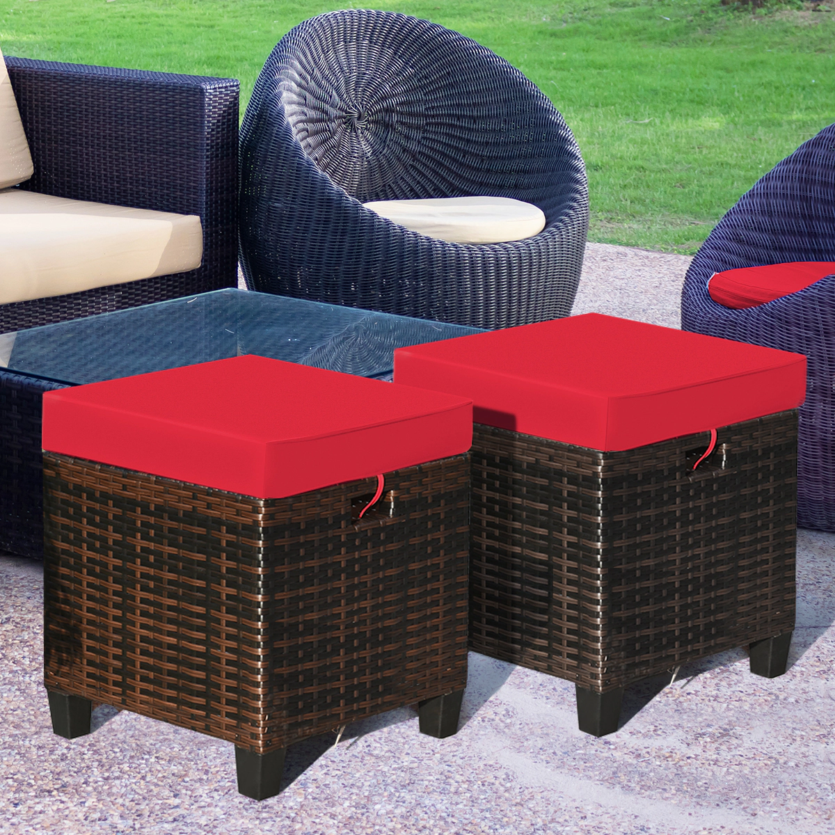 SUGIFT Set of 2 Hand Woven PE Rattan Zippered Cushions Cube Patio Ottomans 16-in x 16-in x 18-in 375-lb Capacity Red