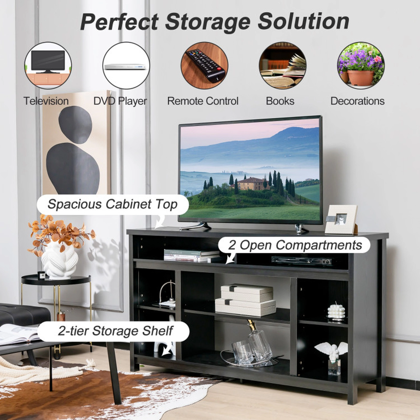 SUGIFT Adjustable Shelves Engineered Wood Media Console TV Stand 58-in x 16-in x 33-in 100-lb Capacity 65-in TV Black