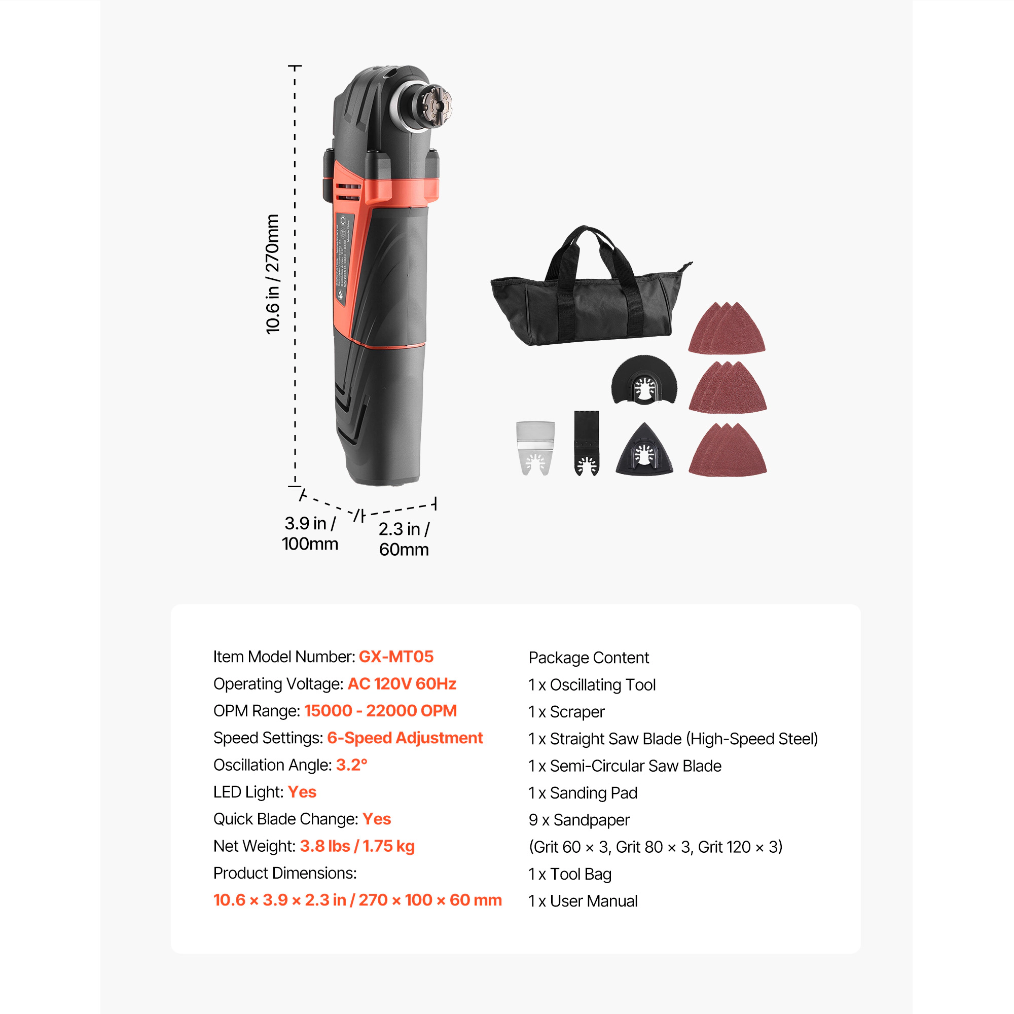HONGGE Multitool Oscillating Tool Oscillating Multi Tool Corded with OPM Oscillating Angle Saw Accessories Tool