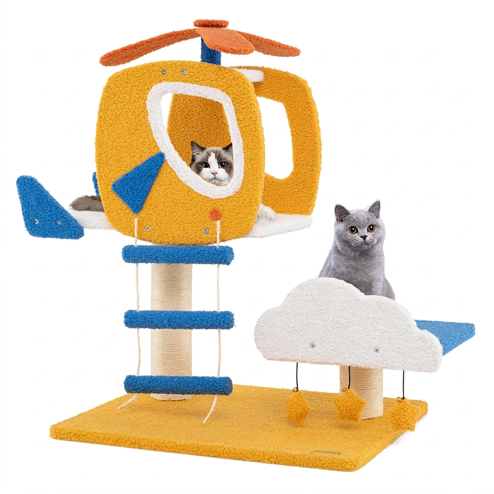 SUGIFT 30 in Cat Tower Yellow Aviation Theme with Helicopter Top Perch and Cloud Panel