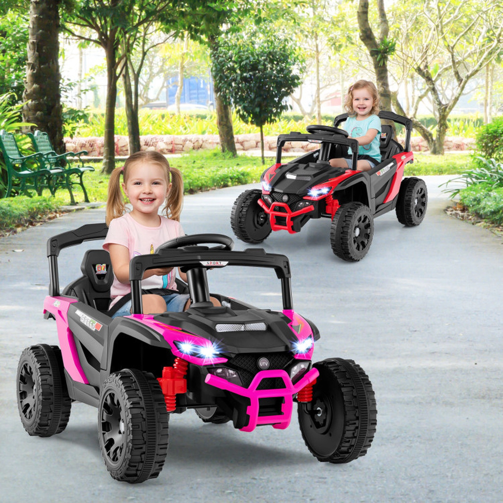 SUGIFT 12V Electric Ride On UTV Car with Remote, LED Lights, Music and Horn 66-lb Capacity Ages 3+ Hot Pink 35.5-in Long