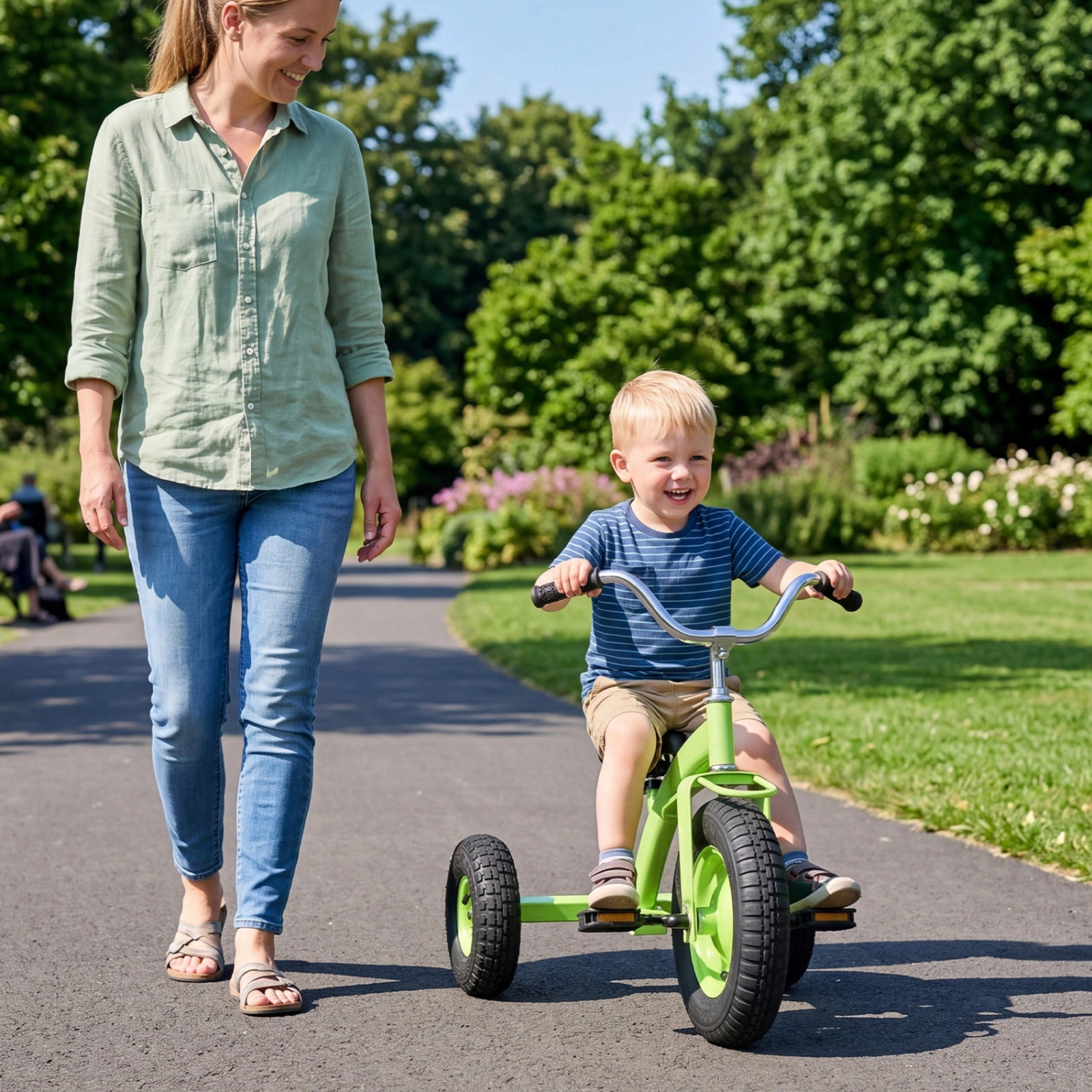 Kids Tricycle 15-in Inflatable Front Tire Carbon Steel Frame Adjustable Handlebar and Padded PU Seat Ages 3+ Green