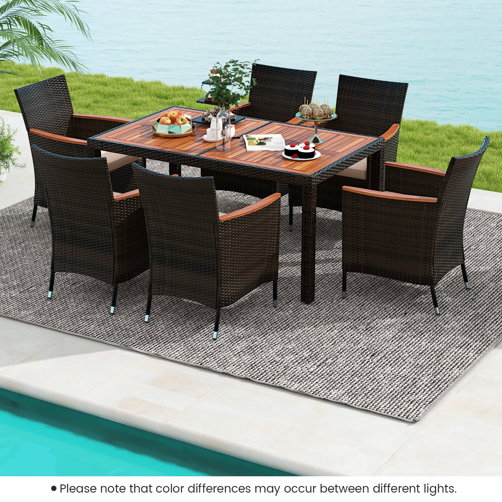 LJG 7 Pieces Garden Dining Patio Rattan Set with Cushions for Backyard