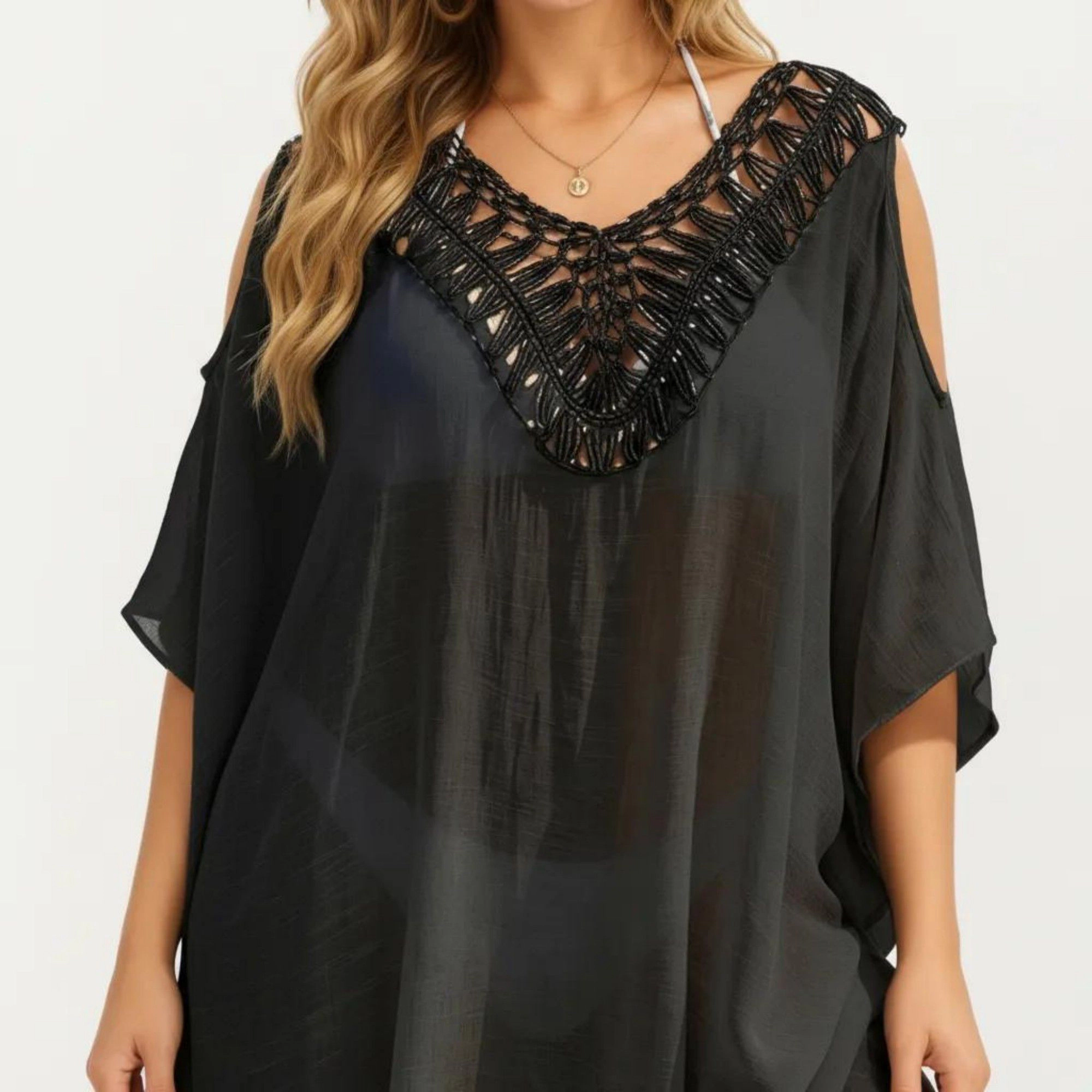 Anna-Kaci Women's Crochet V Neck Cold Shoulder Sleeves Relaxed Fit Swim Cover Up Dress