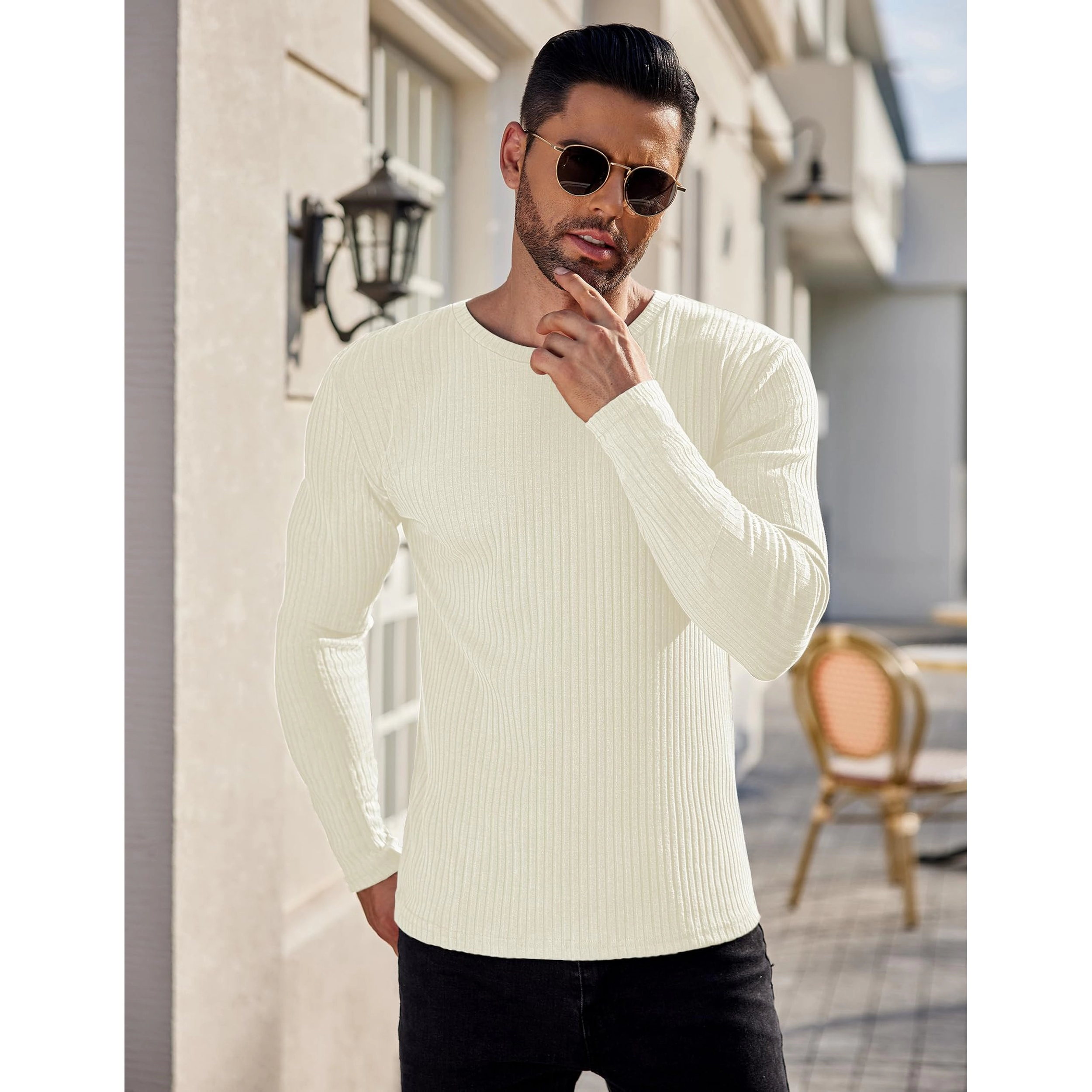 Ekouaer Mens Long Sleeve Tops Thermal Underwear Shirts Ribbed Crew Neck Loungewear Solid Tight Tees