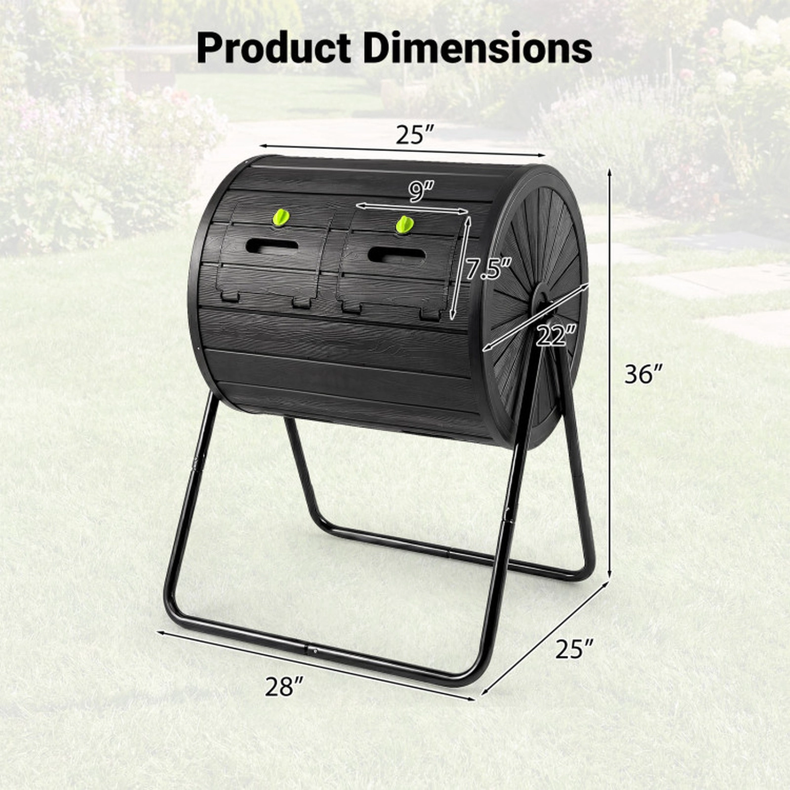 SUGIFT 37.5-gal Black Dual Chamber Outdoor Composter Tumbler with 2 Lockable Doors and Wood Grain