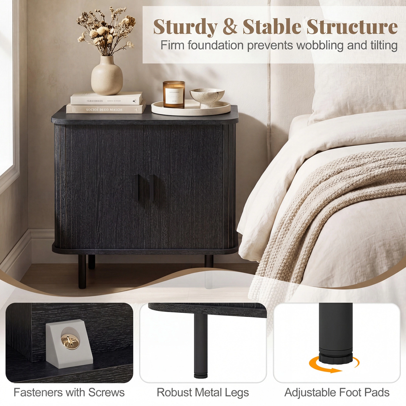 SUGIFT Modern Mid Century Nightstand End Table with Sliding Tambour Doors and Storage Shelf 88-lb Tabletop Capacity