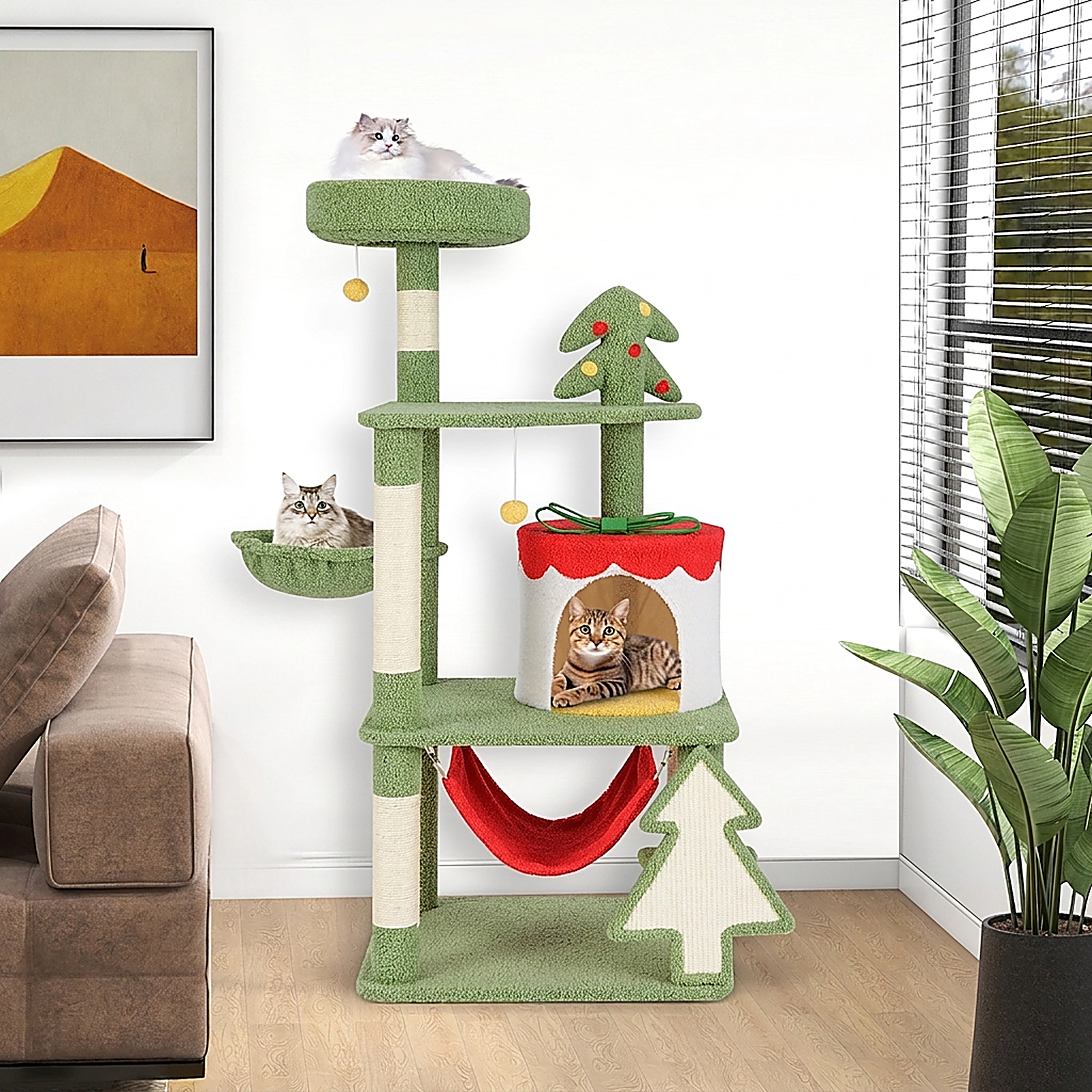 SUGIFT Christmas Cat Tree with Gift Box Shaped Condo & Sisal Scratching Posts 52-in Tall 22-lb Capacity Green Red Yellow