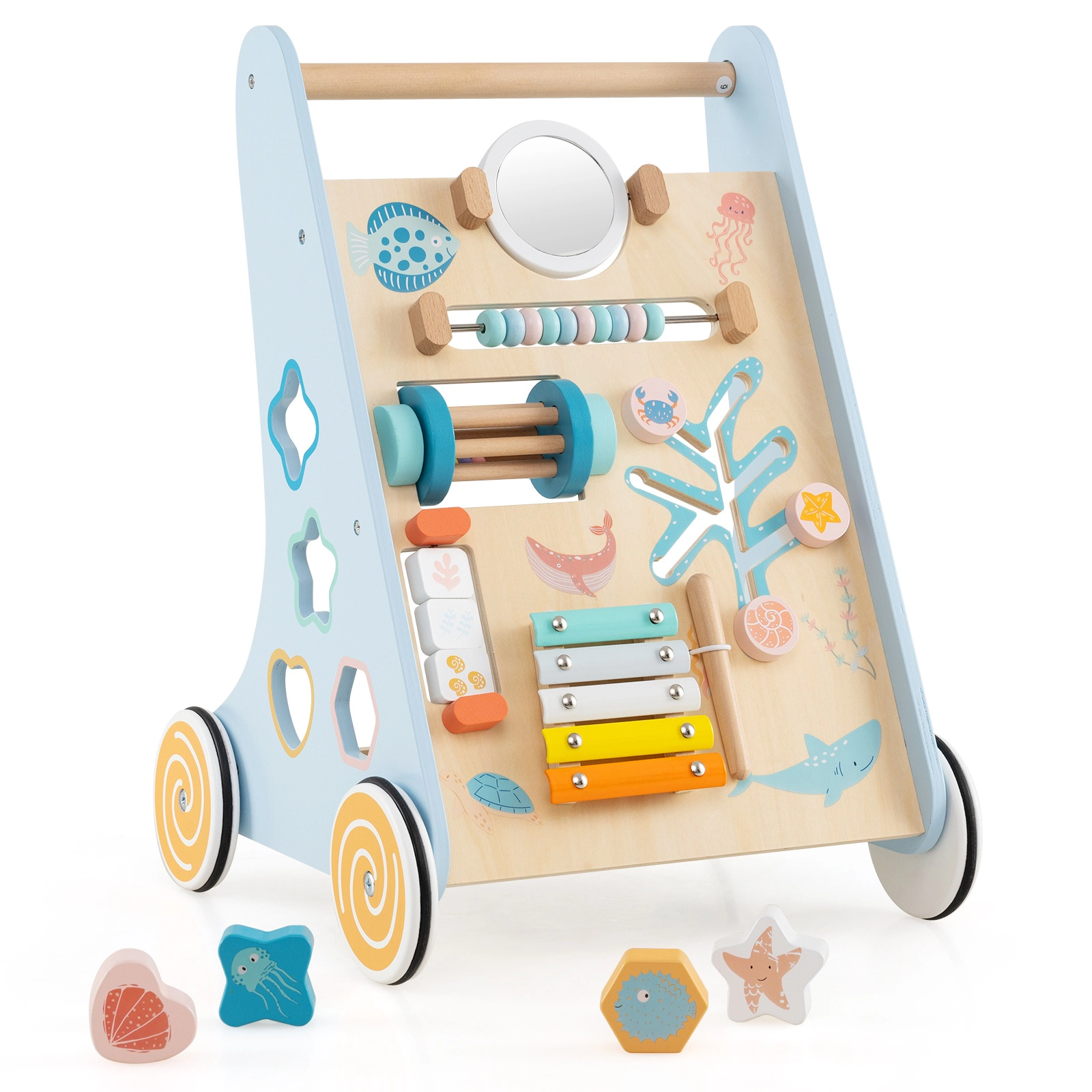 SUGIFT Blue Wheels Wooden Baby Walker 8-in-1 Push and Pull Learning Activity Center