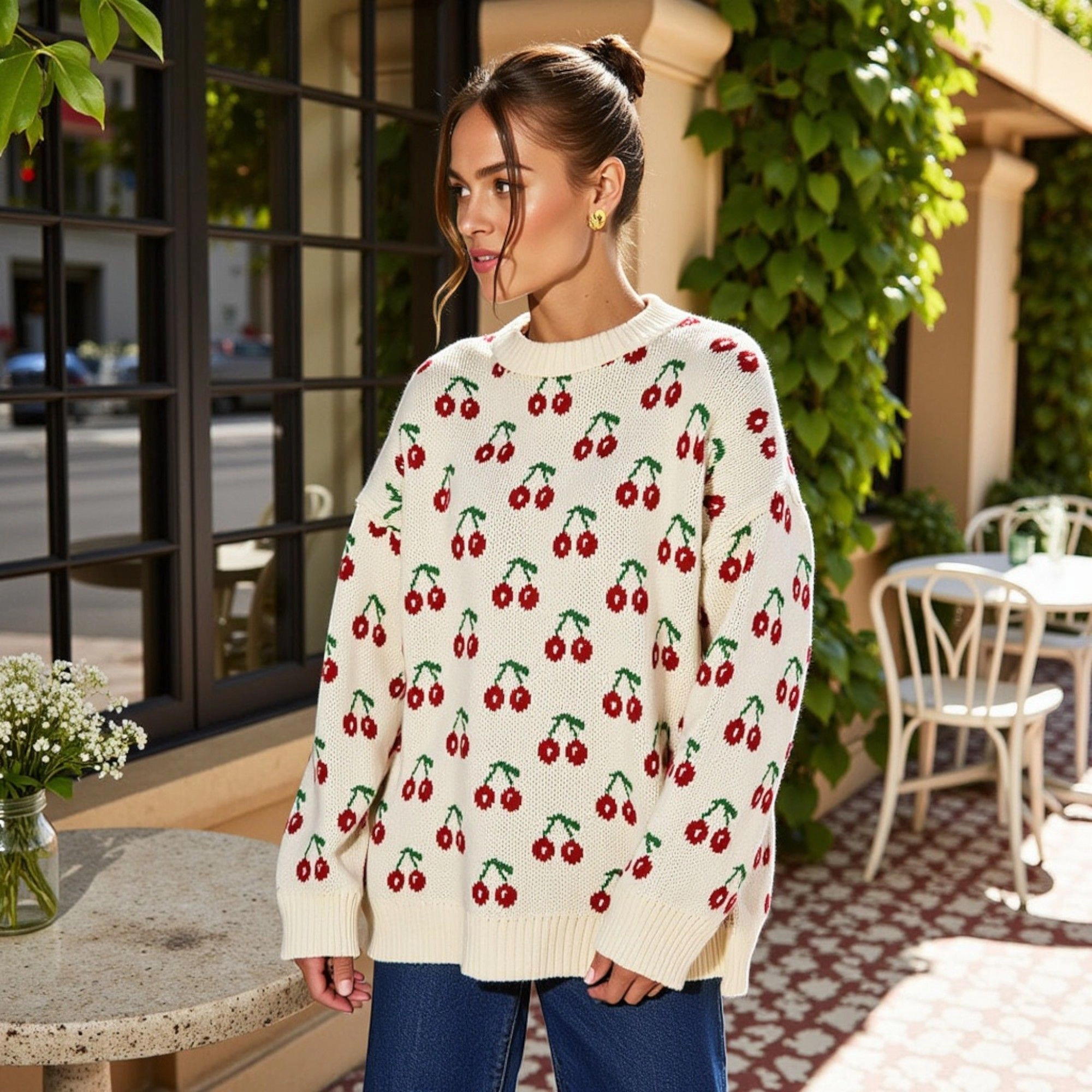 Anna-Kaci Women's Cherry Pattern Crew Neck Long Sleeve Pullover Knit Sweater