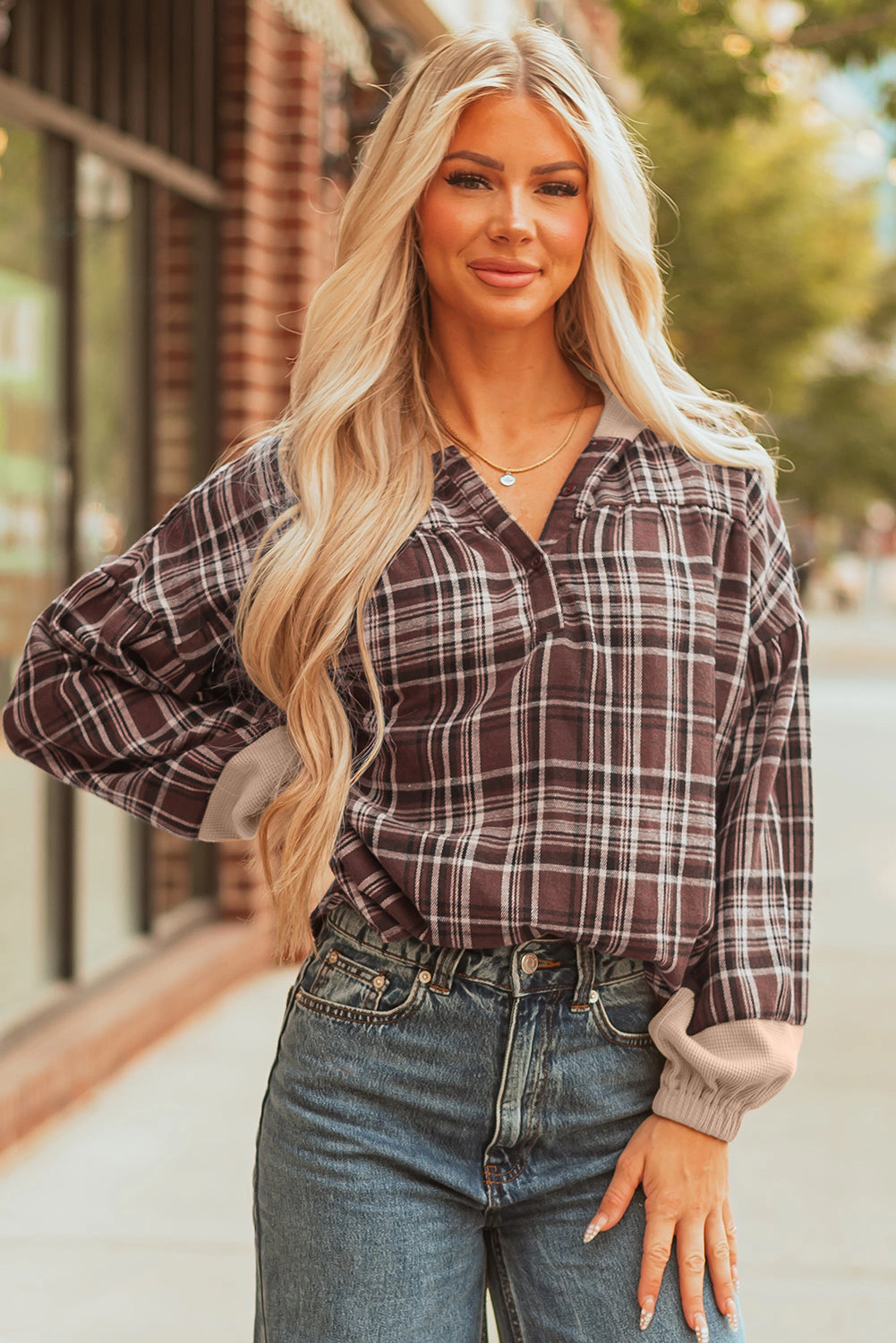 Threaded Pear Women's Lauren Plaid Patchwork Long Sleeve Hooded Top