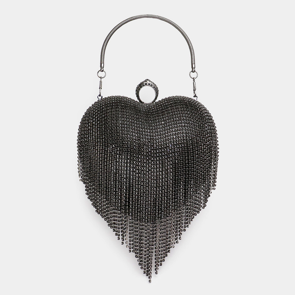 Fashnzfab Rhinestone Fringe Heart Evening Tote / Clutch / Crossbody Bag