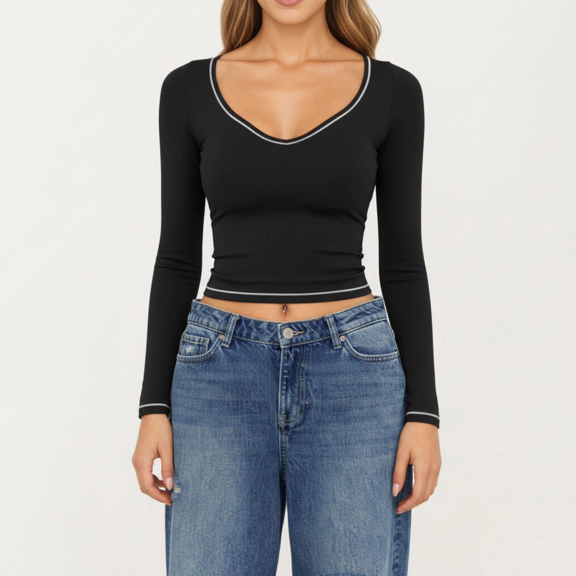 Anna-Kaci Women's Long Sleeve Cropped Top with V Neckline Contrast Trim and Smooth Stretch Fit