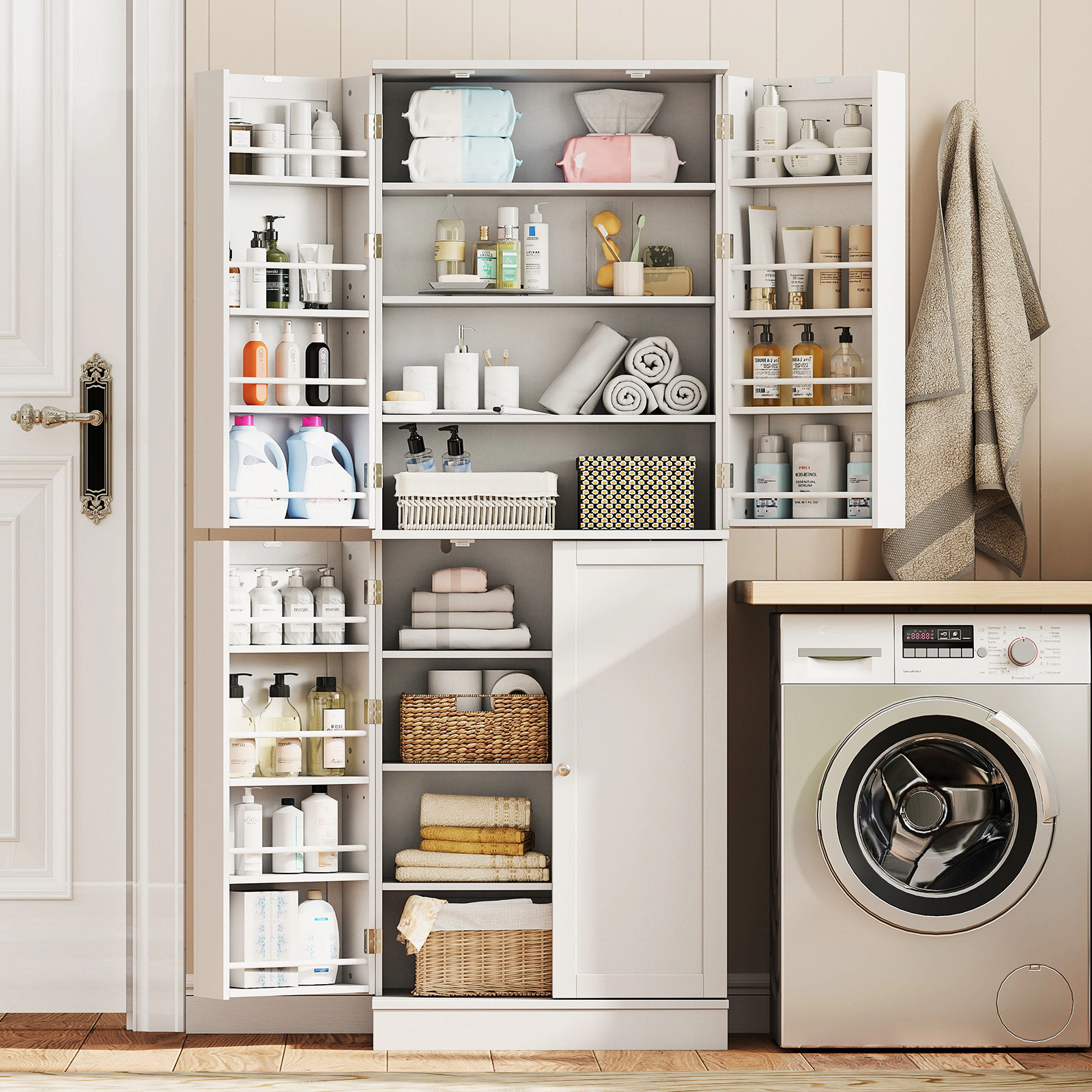 SUGIFT 65.5-in Tall Freestanding White Pantry Storage Cabinet with 6 Adjustable Shelves and 16 Door Shelves