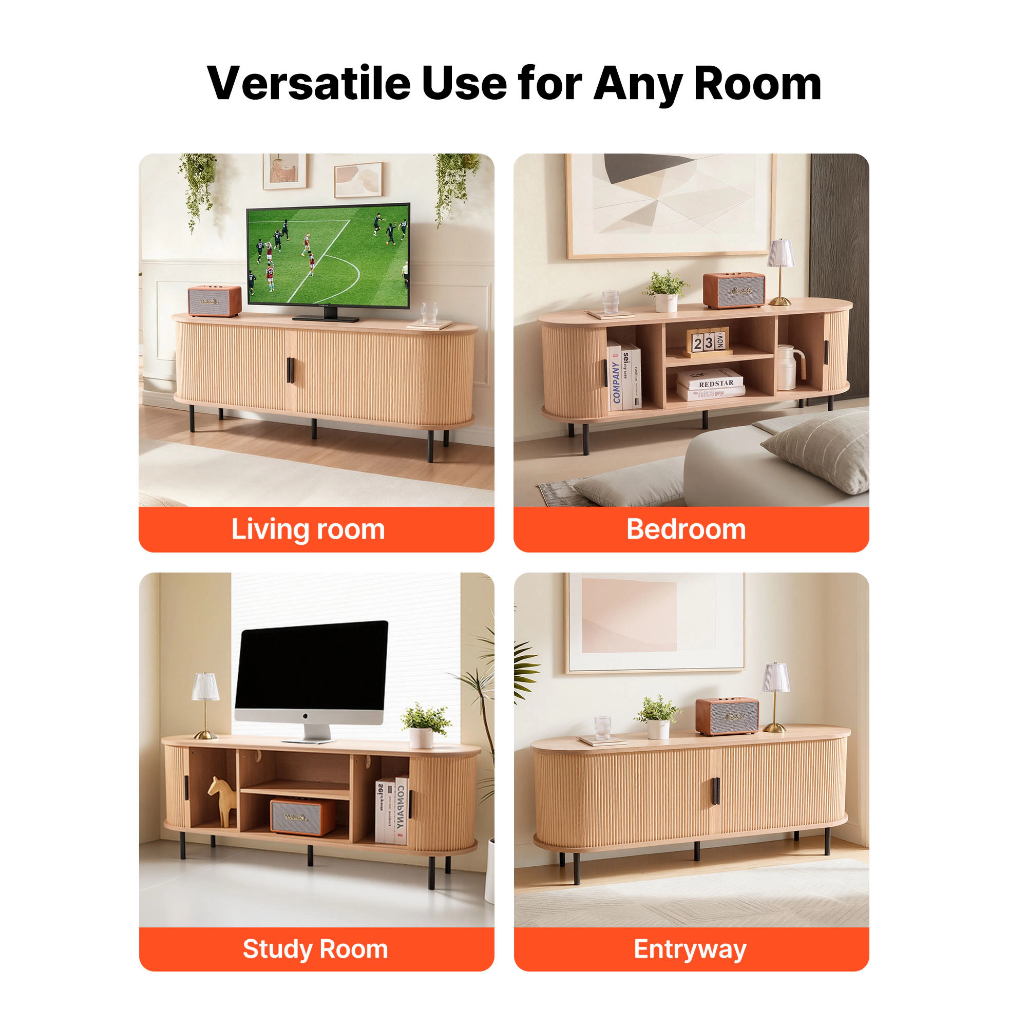 HONGGE Boho Entertainment Center for TVs up to 58 in, 350 lbs Load, with Adjustable Storage Shelves and Rolling Door