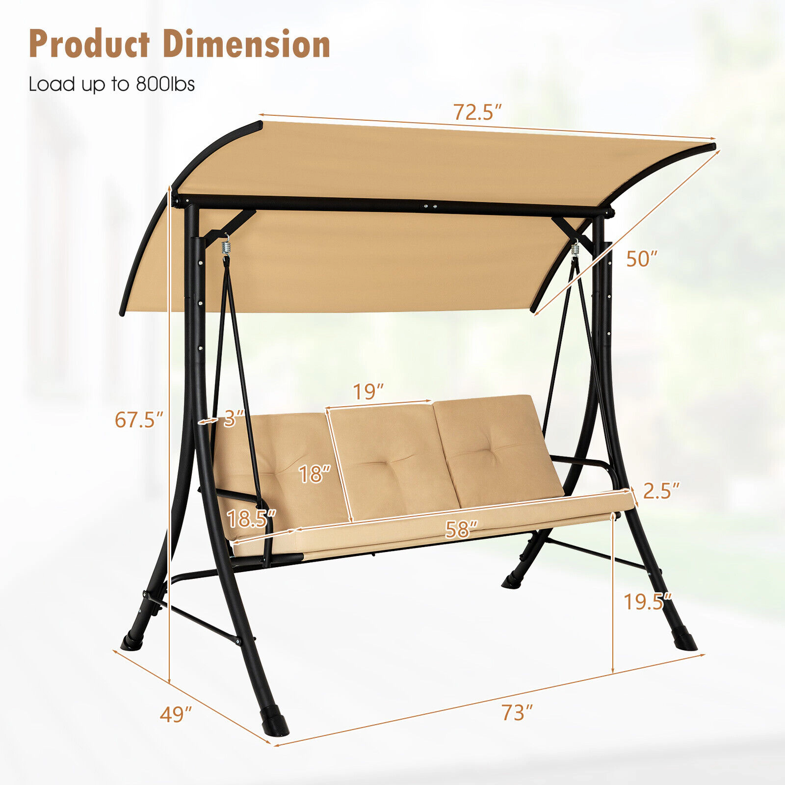 SUGIFT 3-Seat Outdoor Porch Swing with Adjustable Canopy and Padded Cushions 800-lb Capacity Beige/Brown