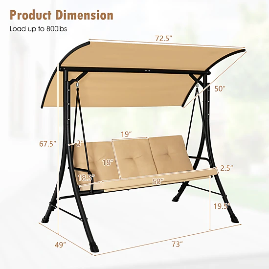 LJG 3-Seat Outdoor Porch Swing with Adjustable Canopy and Padded Cushions