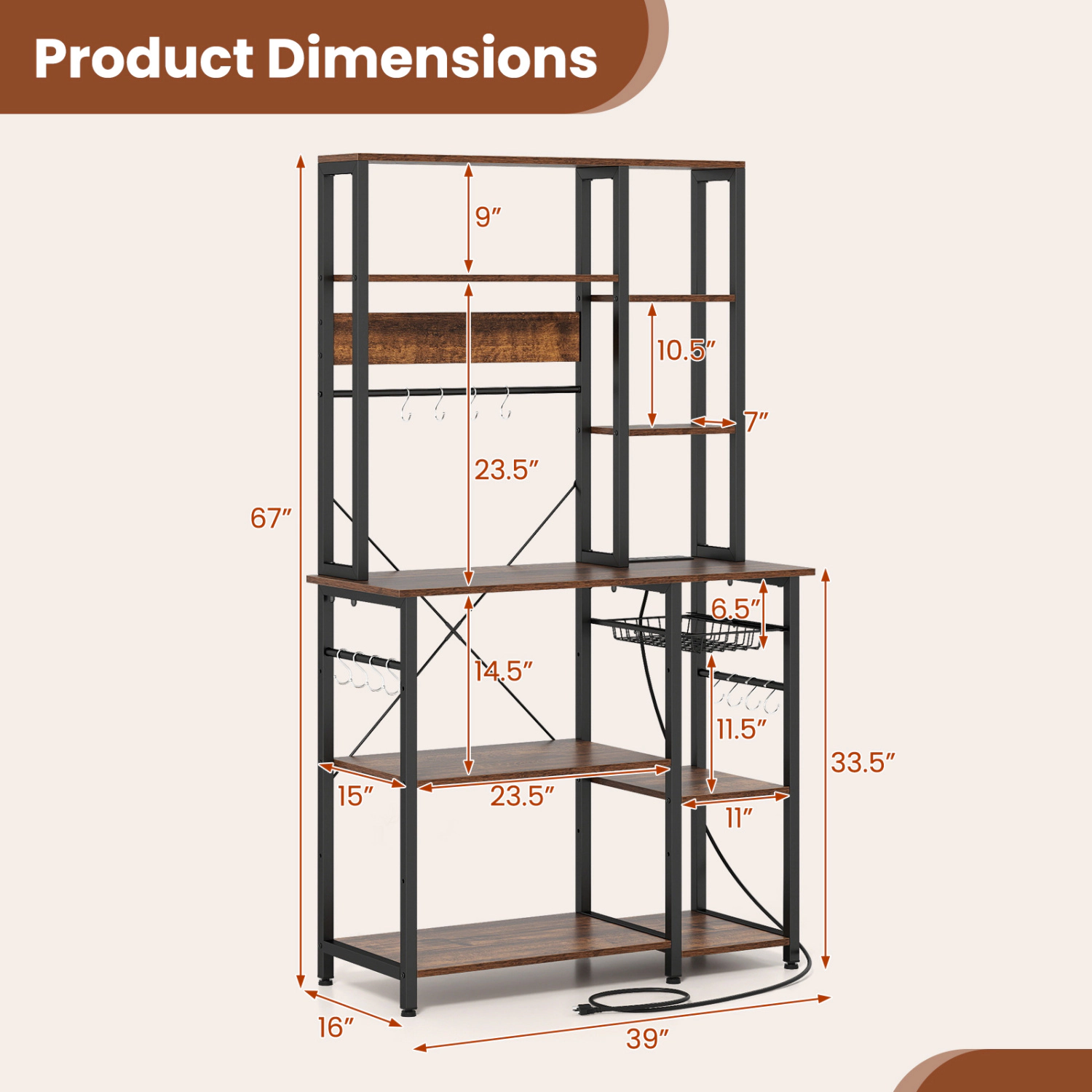 SUGIFT 6-Tier Wooden Bakers Rack Microwave Stand with Power Outlet USB Ports and 12 Hanging Hooks
