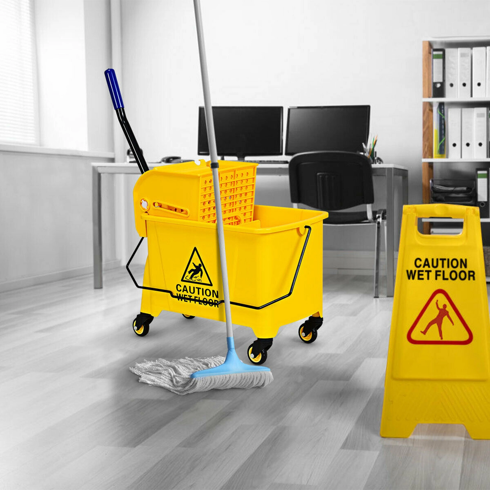 SUGIFT 21-qt Yellow PP Mop Bucket with Press Wringer Water Separation Panel and TPR Swivel Wheels