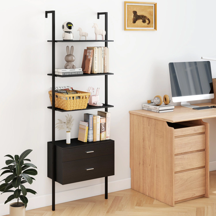 Hivvago 6-Tier Ladder Bookcase with 2 Drawers and Metal Frame