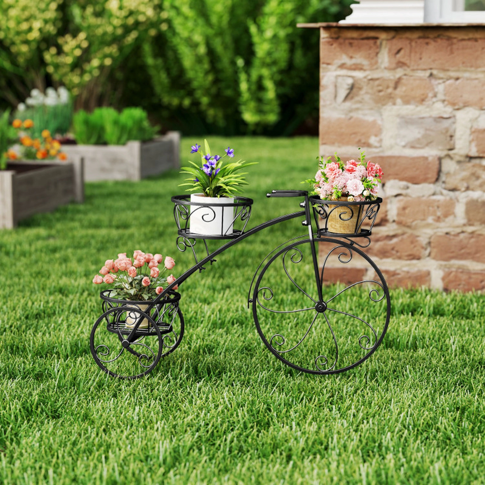 SUGIFT 3-Tier Tricycle Plant Stand Flower Pot Cart Holder with 3 Hollowed Baskets 11-lb Capacity Black
