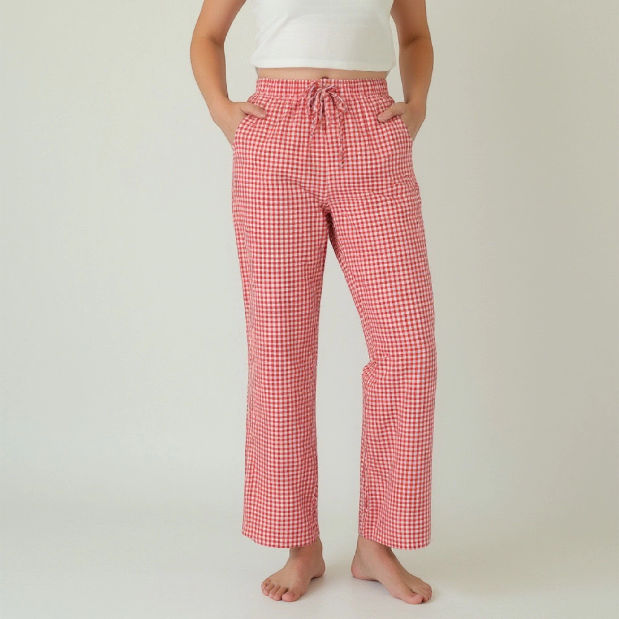 Anna-Kaci Women's Gingham Print Pajama Pants with Elastic Drawstring and Straight Leg Fitted
