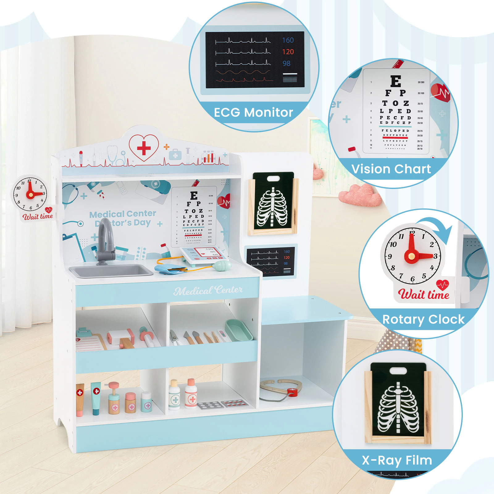 Wooden Doctor Kit for Kids Playset Stethoscope Blood Pressure Cuff 24-pc Medical Accessories 38-in x 12-in x 35-in Blue