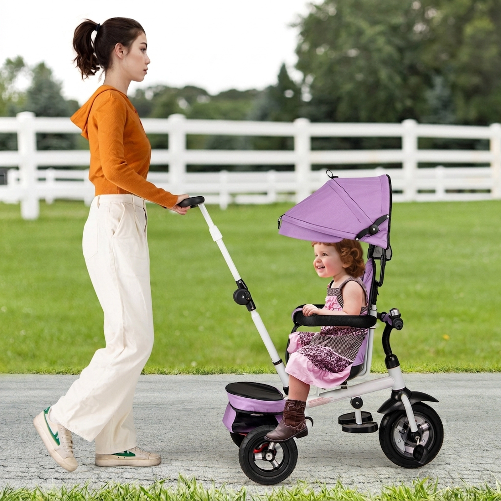 SUGIFT Pink 5-Mode Folding Toddler Tricycle, Foldable Footrests, Reversible Seat, Safety Harness, 55-lb Capacity