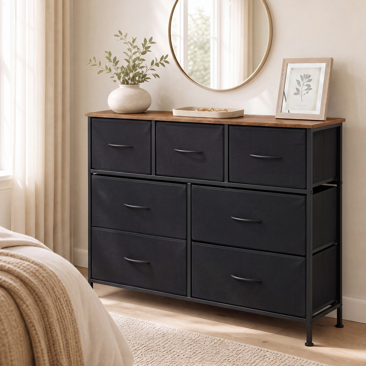 LJG 7-Drawer Wide Dresser with 2-Sized Folding Fabric Drawers for Bedroom