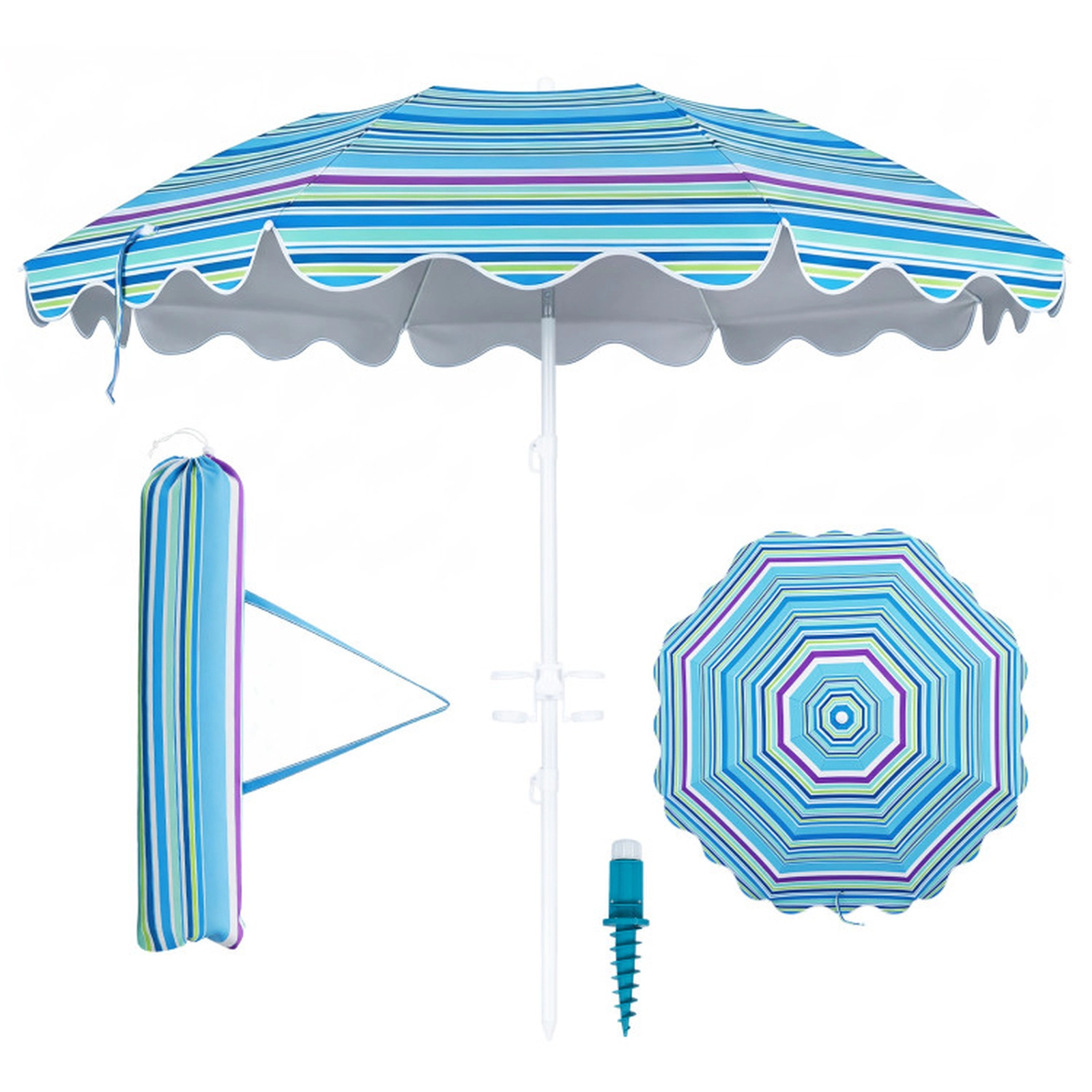 SUGIFT UPF 50+ Silver-Coated Beach Umbrella Sand Anchor & Cup Holder 7-ft Canopy 16-in Anchor 2.5-in Cup Holder Blue