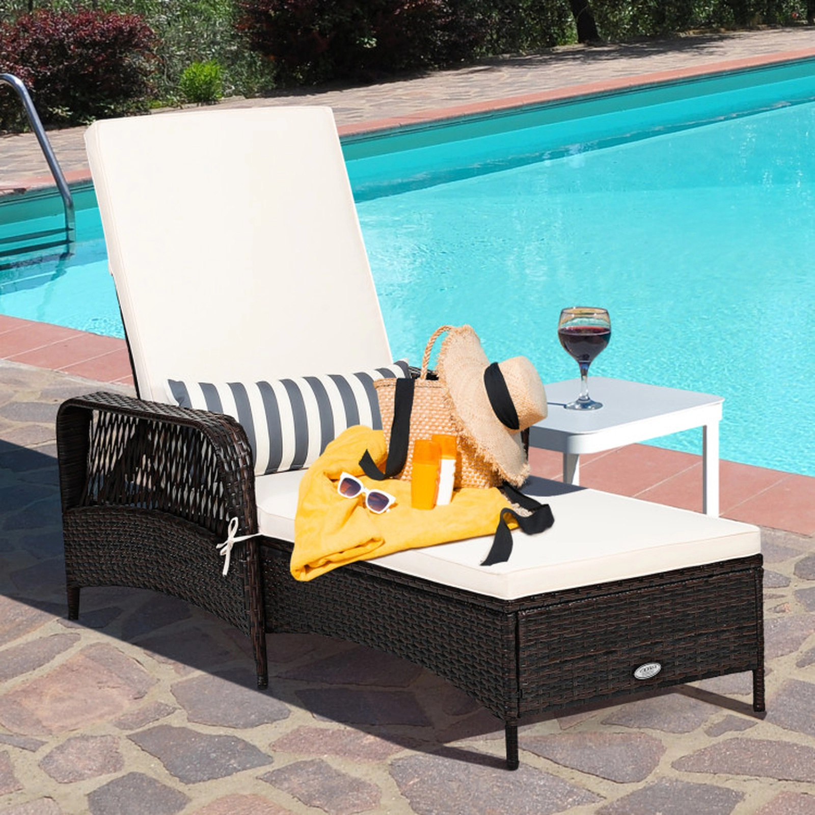 SUGIFT Off White 6-Gear Backrest Padded Cushion and Lumbar Pillow PE Rattan Chaise Lounge Recliner