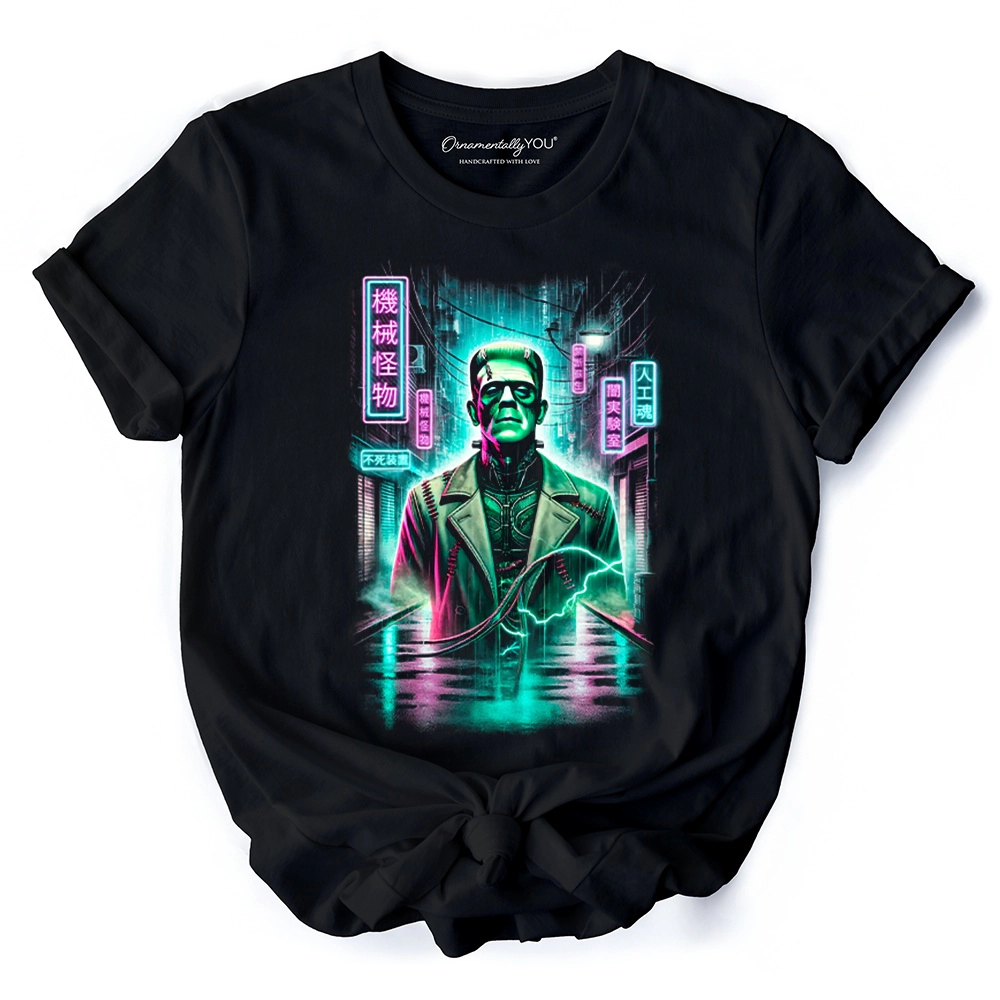 OrnamentallyYou Mens Cyberpunk Frankenstein Neon Halloween Monster T-Shirt