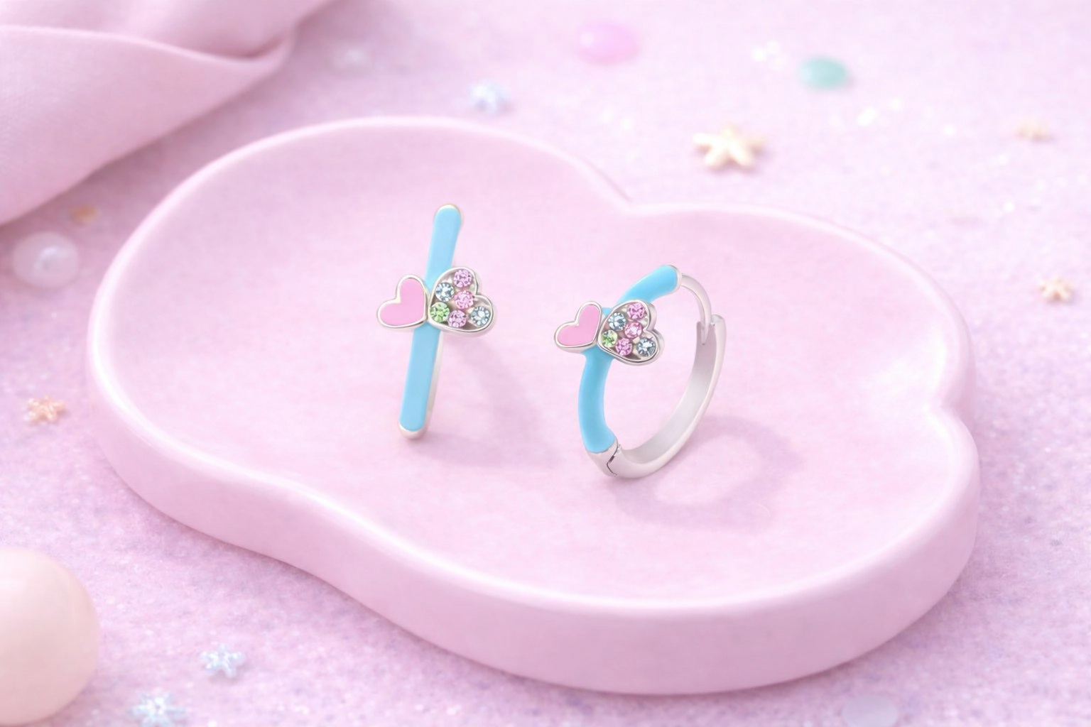 CHANTEUR Kids White Gold Tone Huggie Hoop Earrings with Light Blue Enamel