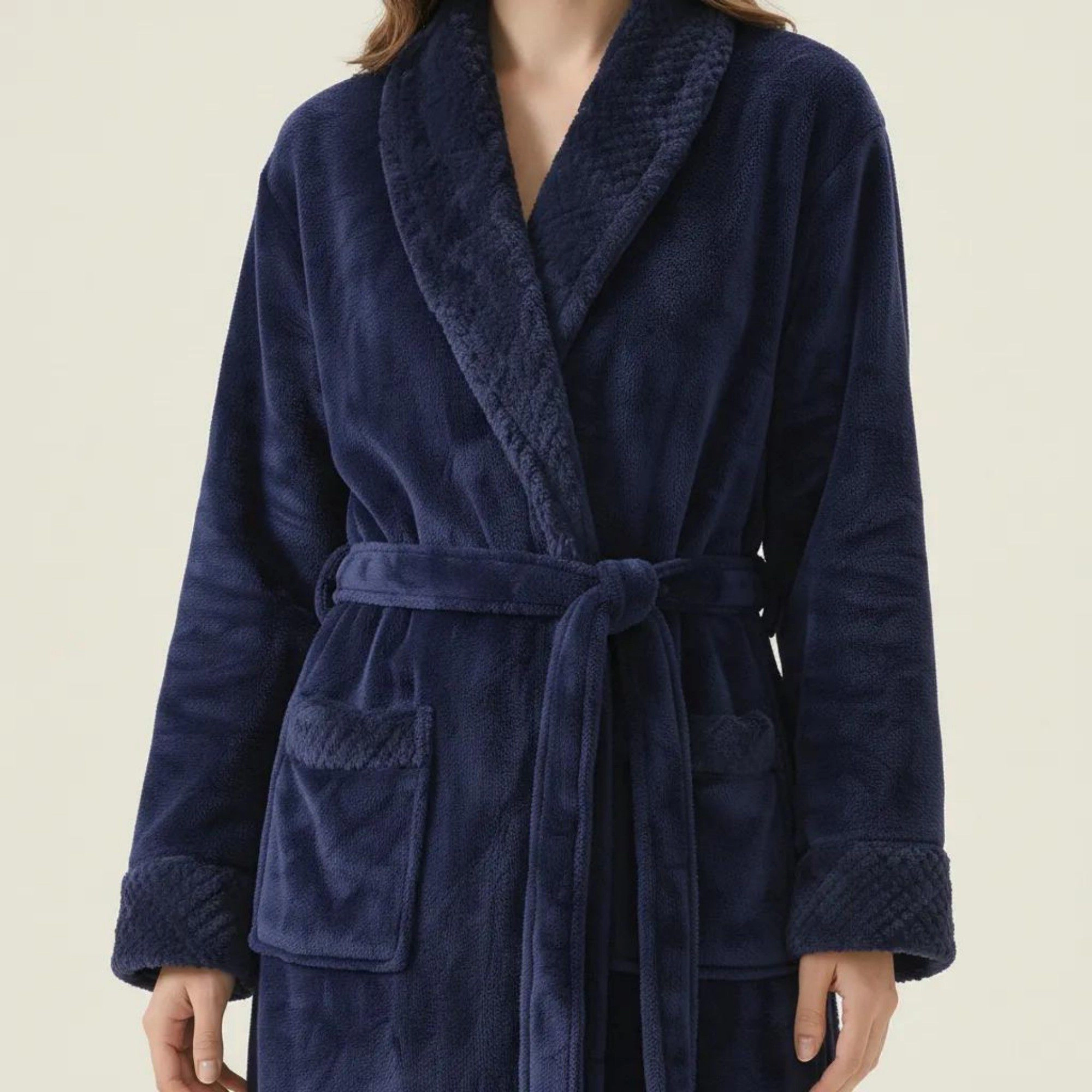 Anna-Kaci Women's Long Plush Robe with Shawl Collar Tie Waist Belt Front Pockets Soft Fleece