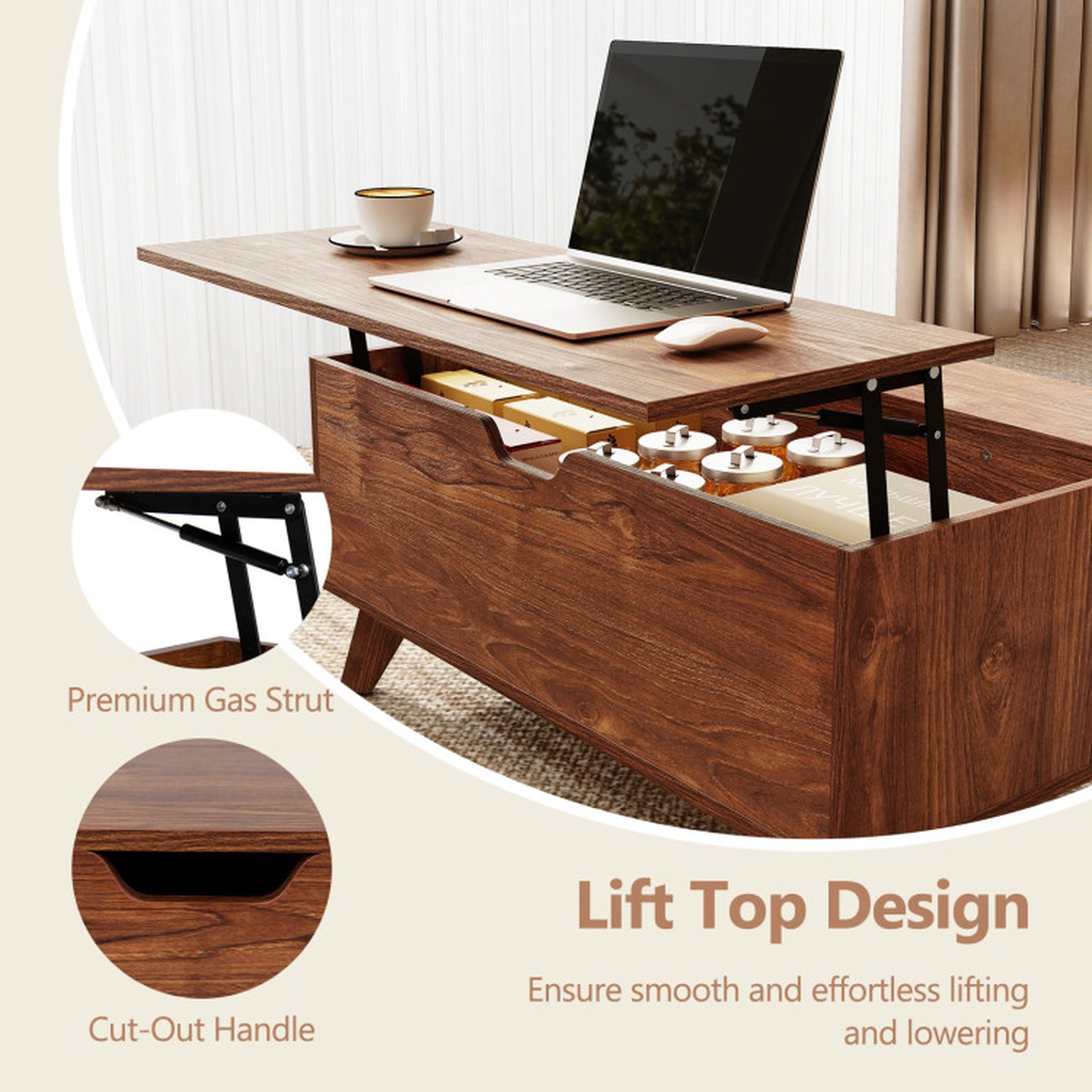 SUGIFT 35.5-in Lift Top Coffee Table with Hidden Compartment and Sliding Door 165-lb Tabletop Capacity Brown