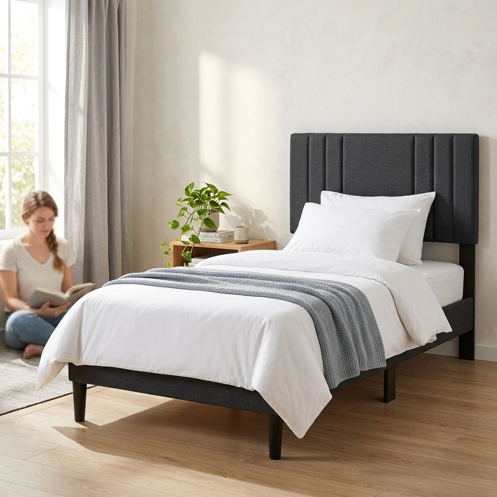 SUGIFT Twin Upholstered Platform Bed with Gray Vertical Channel-Tufted Headboard