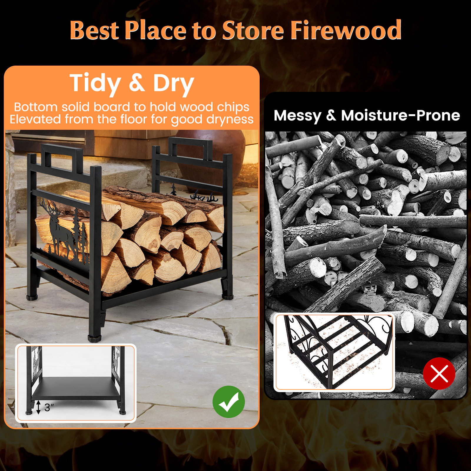 SUGIFT 18.5-in Dual Handles Moose Pattern Metal Firewood Log Rack 18.5-in x 13.5-in x 18-in 135-lb Capacity Black