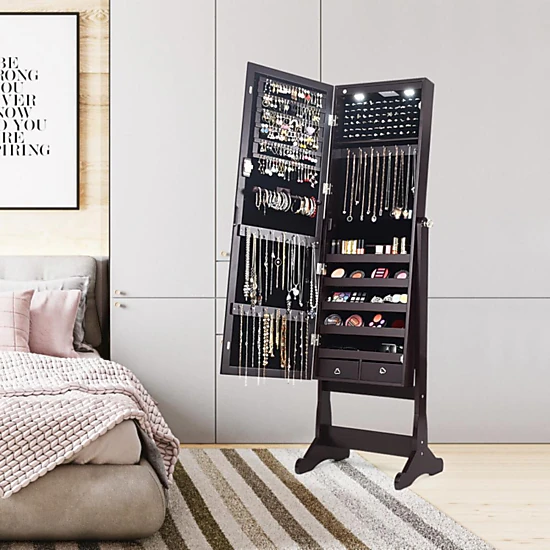 Hivvago Lockable Mirrored Jewelry Cabinet with Stand and LED Lights