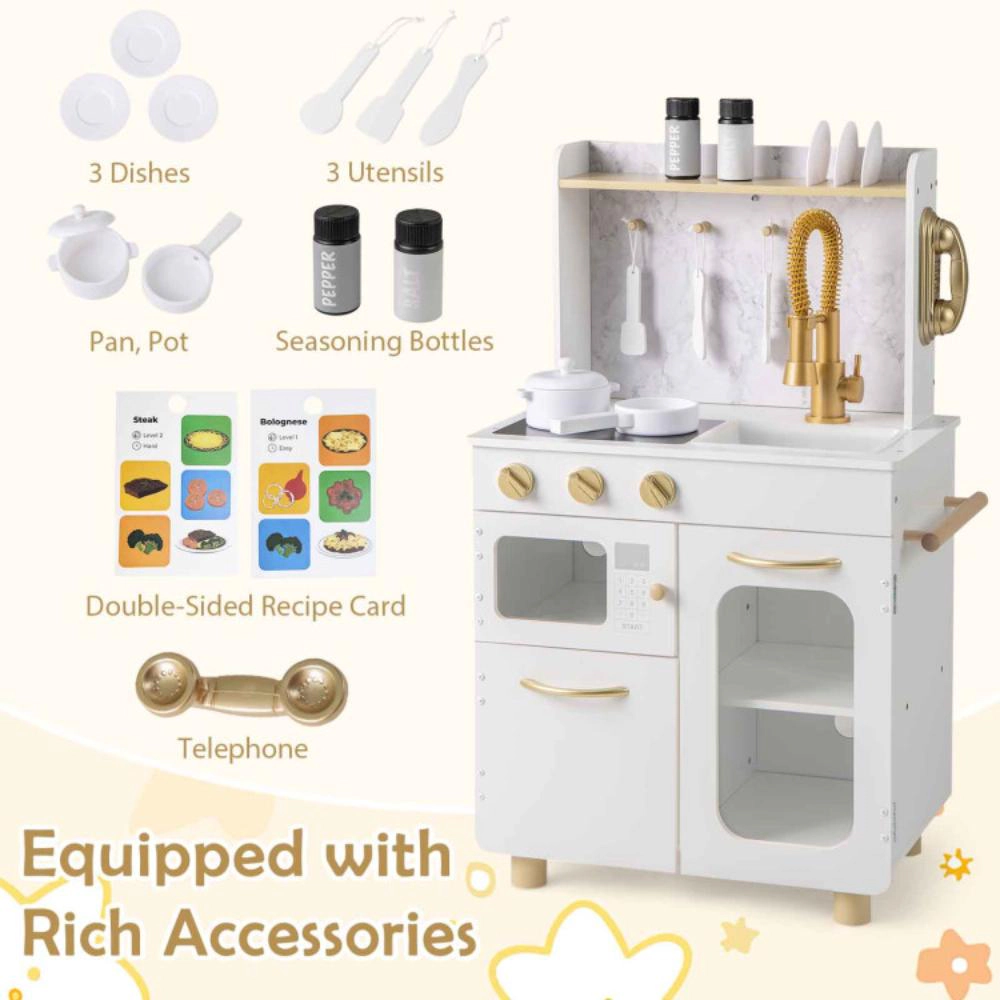 Hivvago Kids Kitchen Set Pretend Play Kitchen with Stoves Faucet Sink Telephone Microwave and Oven-White