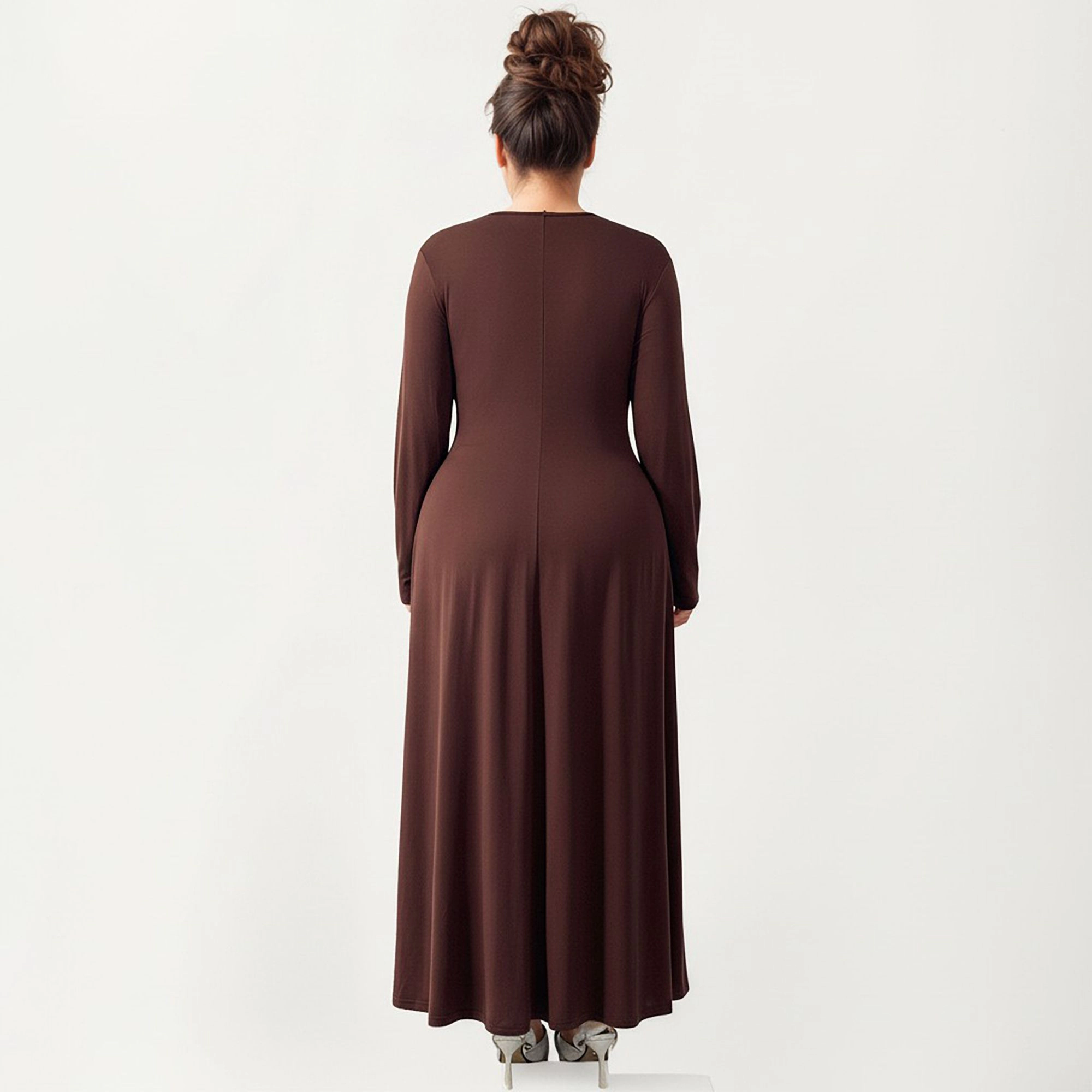 Anna-Kaci Women's Plus Long Sleeve Draped Gathered Waist Elegant Silhouette Maxi Dress