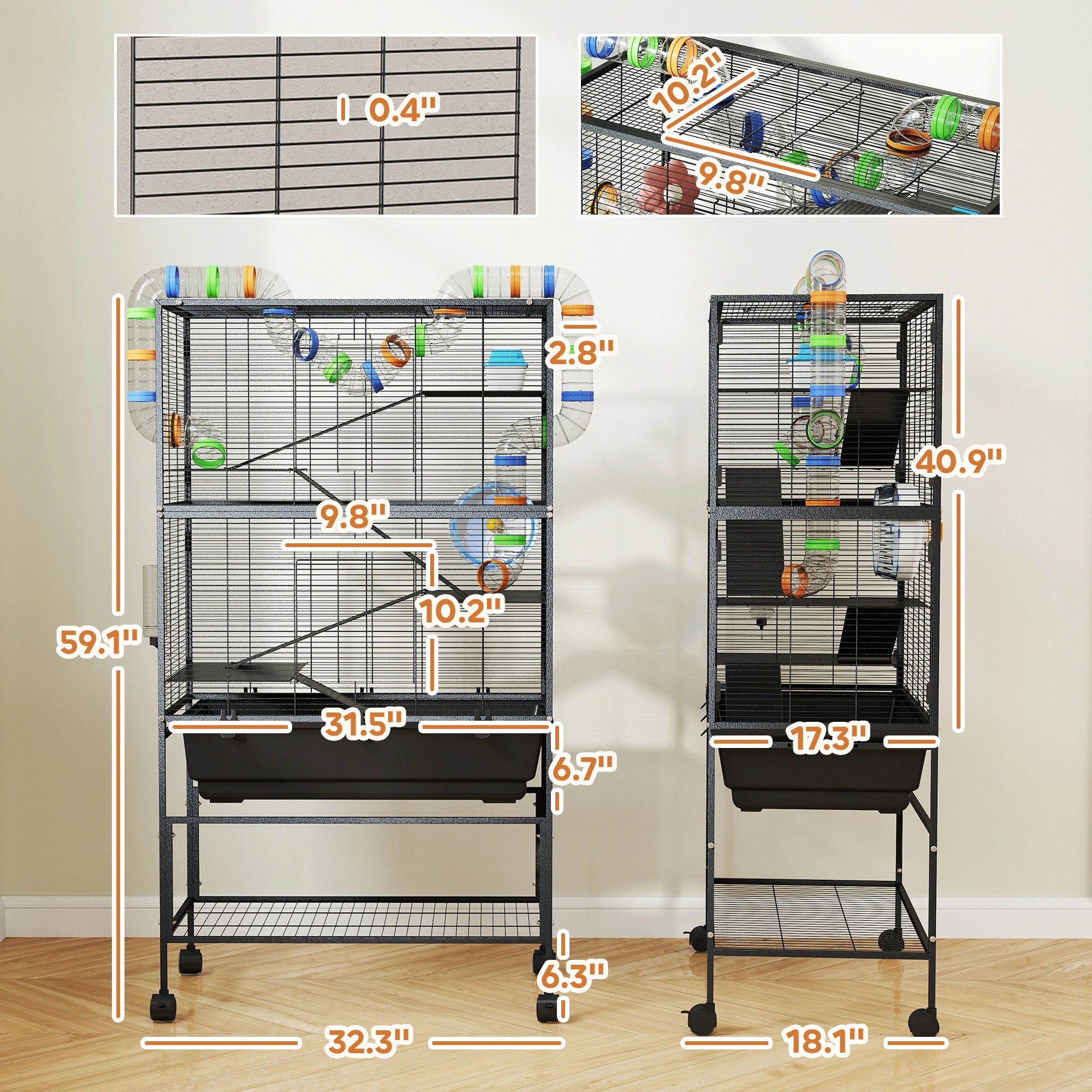 HONGGE Hamster Cage Rolling Rat Cage with Deep Tray Storage Shelf Big Exercise Wheel Hut Tube System