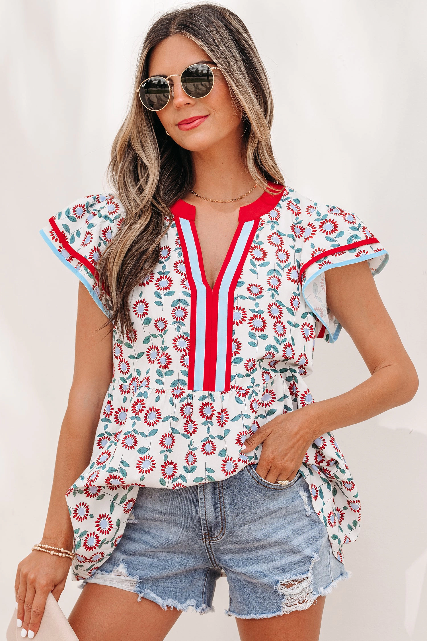Threaded Pear Womens Avery Trim Flutter Sleeve Blouse