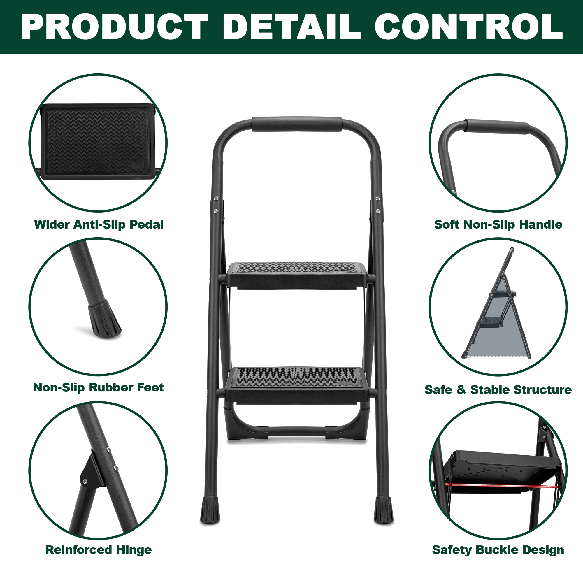 Flynama Step Ladder- 330lb Capacity Steel Foldable Step Stool (Black