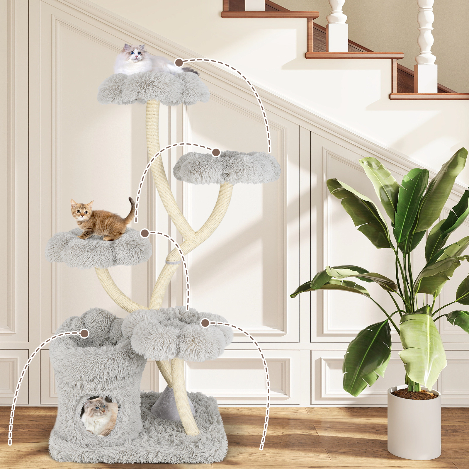 Glintex 65-Inch Cat Tower with 4 Flower-Shaped Platforms and Y-Shaped Posts, Gray