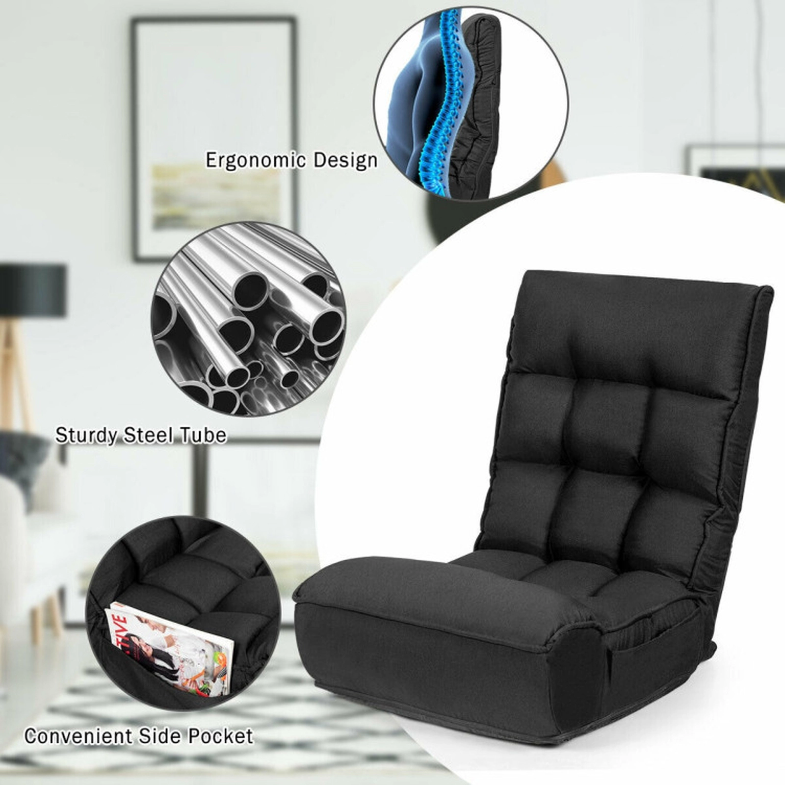 SUGIFT 4-Position Adjustable 286-lb Capacity Black Steel Frame Folding Floor Chair and Lazy Sofa
