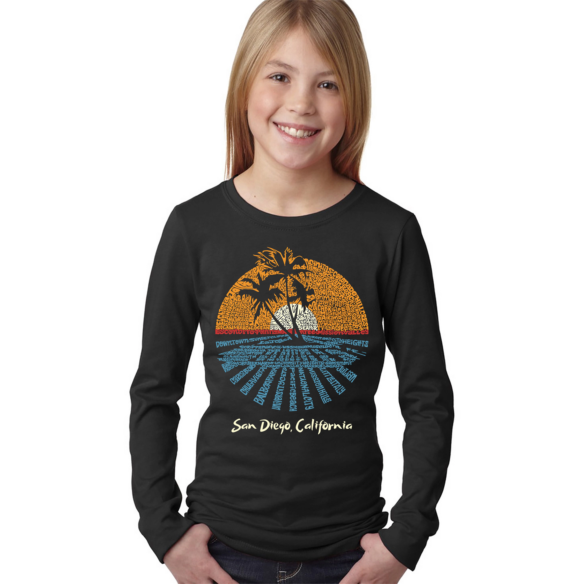 LA Pop Art Girls Long Sleeve Word T-Shirt - Cities San Diego