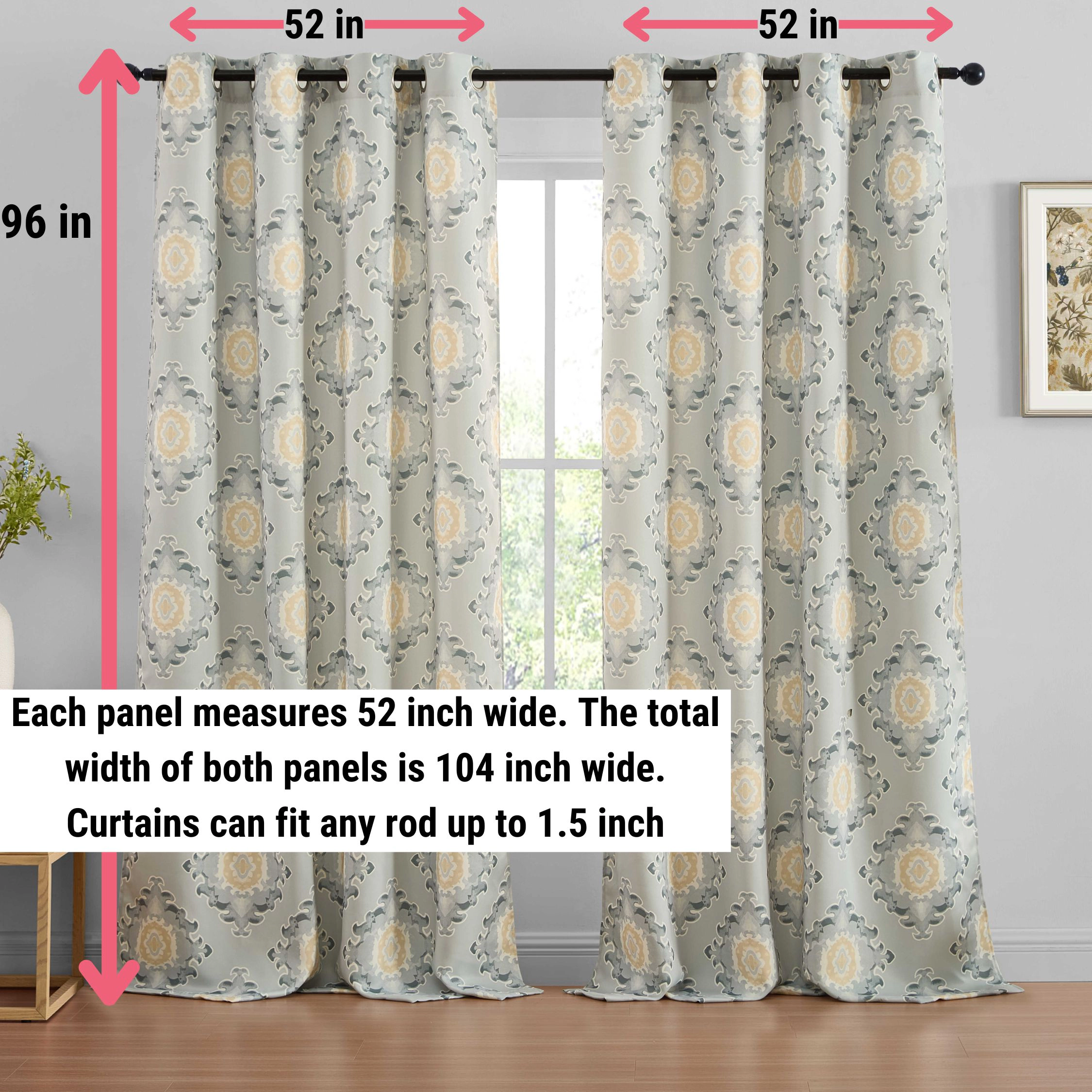 HLC.ME Liam Ogee Ikatt Damask Patterned Window Grommet Curtains - Light Blocking Darkening Panels, Set of 2